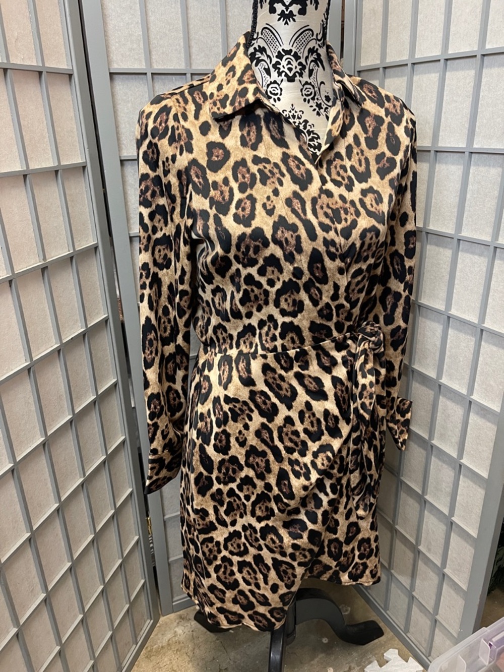 Leopard Print Wrap Long-Sleeve Dress in Brown